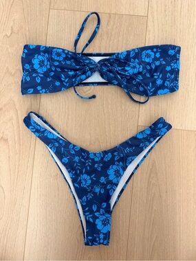 SHEIN Navy Blue Floral Bandeau Bikini Set